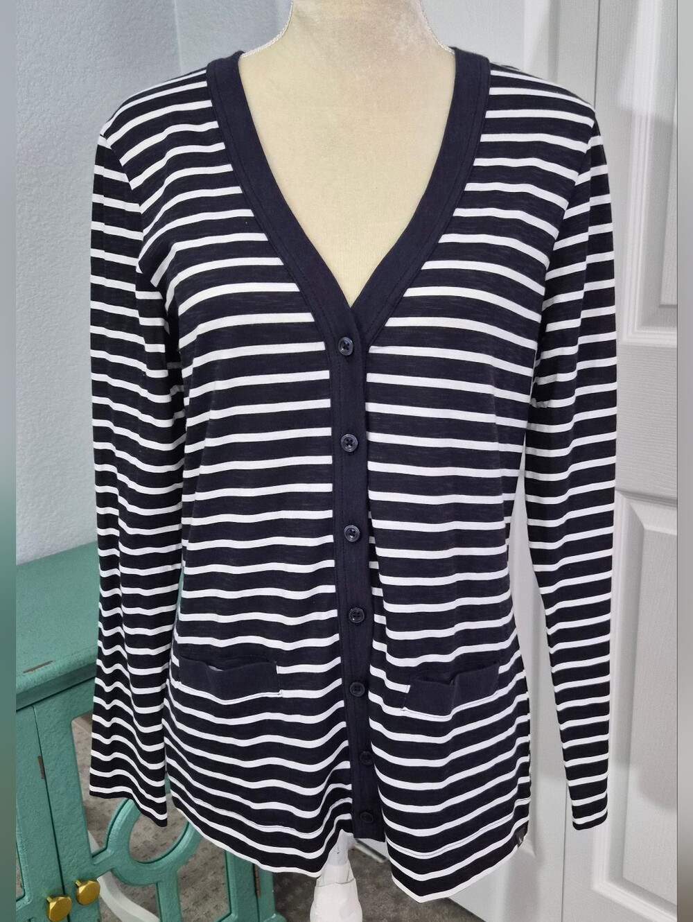 Eddie Bauer Navy Blue Striped Cardigan Medium NWT Preppy Nautical Classic